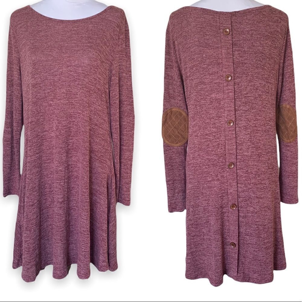 Boutique burgundy long sleeve tunic dress with elbow pads and button detail NEW